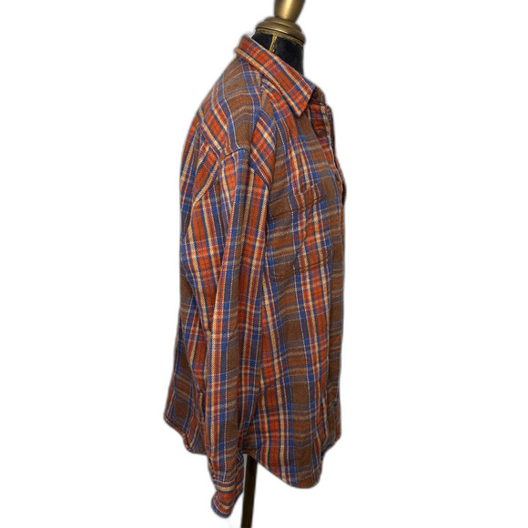St. John’s Bay Men’s Flannel Shirt Large Brown Orange Blue Plaid 100% Cotton - Picture 2 of 6